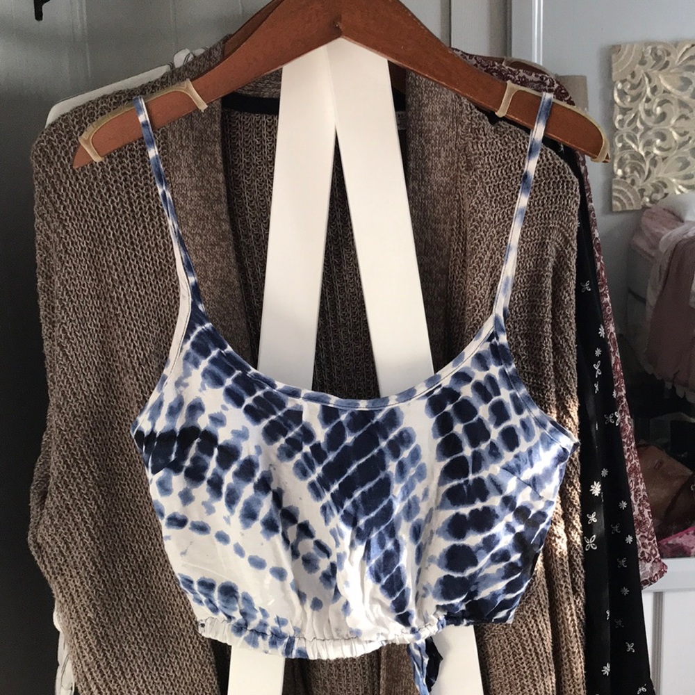 Blue and White tie back crop tank top